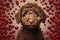 Lagotto Romagnolo Puppy with Red Hearts Background - Sweet and Charming Canine Image