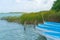 Laguna near Muyil. View with boats. Travel photo, background. Yucatan. Quintana roo.