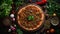 Lahmacun with minced lamb and beef on a thin dough with vegetables and herbs, horizontal showcase. Wooden table, top view, flat
