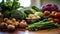 Laid out products on a showcase with vegetables and root crops. A counter with greens in a supermarket store.