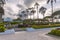 Laie Temple with beautiful fountains and garden sunset view on Oahu island, Hawaii