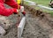 Laing edging kerb on semidry concrete during roadworks and new footpath construction by the groundworker wearing safety gloves