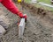 Laing edging kerb on semidry concrete during roadworks and new footpath construction by groundworker wearing safety gloves