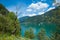 Lake achensee in summer, idyllic lake shore and mountain view