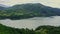 Lake aerial view green mountain basin panorama