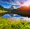 Lake Antorno lake and Tre Cime of Lavaredo south face in Italy A