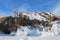 Lake Baikal in winter, ice formations, icicles, snow landscape