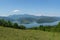 Lake Bicaz Lake Izvorul Muntelui in Romania. Massif Ceahlau on the background