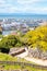 Lake Biwa and Hikone town and castle park panorama view at spring in Shiga, Japan