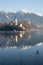 Lake Bled Church Island in Slovenia. Bled Castle in the distance