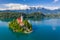 Lake Bled, Slovenia - Beautiful aerial view of Lake Bled Blejsko Jezero with the Pilgrimage Church of the Assumption of Maria