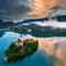 Lake Bled, Slovenia - Beautiful aerial view of Lake Bled Blejsko Jezero with the Pilgrimage Church of the Assumption of Maria