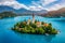 Lake Bled in Slovenia. Beautiful mountains and Bled lake with small Pilgrimage Church. Bled lake and island with Pilgrimage Church