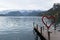 Lake Bled in Slovenia. Installation in shape of red heart , Bled castle, locks of love