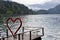 Lake Bled in Slovenia. Installation in shape of red heart , locks of love