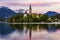 Lake Bled with St. Marys Church of Assumption on small island. Bled, Slovenia, Europe. The Church of the Assumption, Bled,