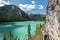 Lake Braies also known as Pragser Wildsee or Lago di Braies in Dolomites Mountains, famous for hiking