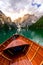 Lake Braies (also known as Pragser Wildsee or Lago di Braies) in Dolomites Mountains, Sudtirol, Italy. Romantic place with typical