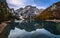 Lake Braies, Italy - Aerial panoramic view of Lake Braies in the Italian Dolomites at South Tyrol with blue sky