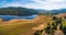 Lake Buffalo on bright sunny day aerial panorama. Victoria, Australia