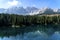 Lake Caress Dolomites Italy. Lake of Caresse in Italy. Scenic place and famous touristic destination. Primeval nature