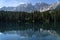 Lake Caress Dolomites Italy. Lake of Caresse in Italy. Scenic place and famous touristic destination. Primeval nature