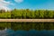 A lake in the city park early in the morning. Quiet and peaceful, in harmony, no people. Fresh green trees and grass, blue sky and