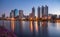 Lake in City Park under Skyscrapers at Twilight