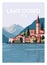 Lake Como landscape art print. Italian panorama with lake and mountains, vintage postcard with old town villas and