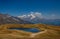 Lake Coruldi with a clear sky at the foot of the mountain. Ushba. Upper Svaneti, Mestia, Georgia. High Caucasian ridge.