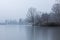 Lake covered with the dense fog near the forest with bare trees