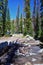 Lake Cuberant hiking trail views of ponds, forest and meadows around Bald Mountain Mount Marsell in Uinta Mountains from Pass Lake