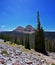 Lake Cuberant hiking trail views of ponds, forest and meadows with Bald Mountain Mount Marsell in Uinta Mountains from Pass Lake T