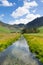 Lake District country scene of Haystacks mountain and river from Buttermere UK Cumbria