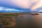 Lake drone aerial view of mountain panorama landscape at sunset in Marateca Dam in Castelo Branco, Portugal