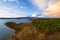 Lake drone aerial view of mountain panorama landscape at sunset in Marateca Dam in Castelo Branco, Portugal