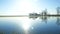 Lake in field panoramic view. Crystal clear calm watering