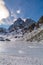 Lake Fiorenza covered with ice on the slopes of Monviso