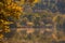 Lake fog landscape with Autumn foliage and tree reflections in Styria, Thal, Austria