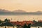 Lake Geneva with many sailing boats at sunset
