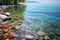 Lake gravel shore with blue sky. Calm crystal clear waves with pebbles beach and green trees on the shore. Generative AI