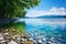Lake gravel shore with blue sky. Calm crystal clear waves with pebbles beach and green trees on the shore. Generative AI
