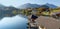 Lake Grundlsee in the fall during the sunrise. View of the Alps. Village Grundlsee, Styria, Austria