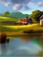 Lake houses, summer natural landscape vector illustration. Cartoon beautiful