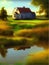 Lake houses, summer natural landscape vector illustration. Cartoon beautiful
