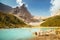 Lake Lago di Sorapis, Dolomites, Italy with blue sky, azure water and high mountains