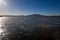 The lake landscape of Musov Czech Republic. View of Lake Musovske and Palava in the Czech Republic. Ice floes in the foreground.