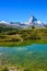 Lake Leisee with view to the Matterhorn mountain in beautiful landscape of the Alps at Zermatt, Switzerland