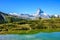 Lake Leisee with view to the Matterhorn mountain in beautiful landscape of the Alps at Zermatt, Switzerland