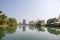 Lake with limestone karst hills foggy landscape in Yangshuo